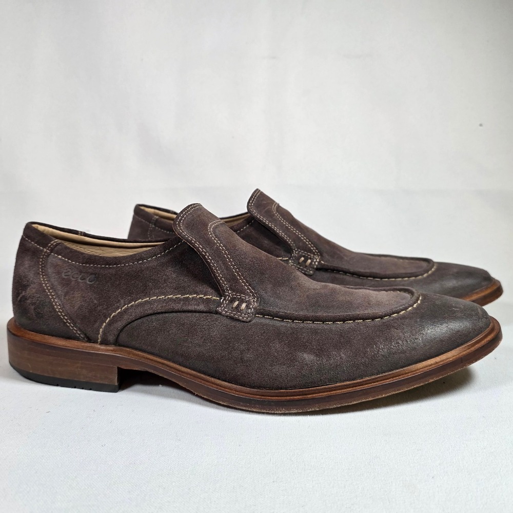 ECCO Mens 10 EU43 Brown Suede Loafers Square Toe Moc Slip On Old Money Preppy